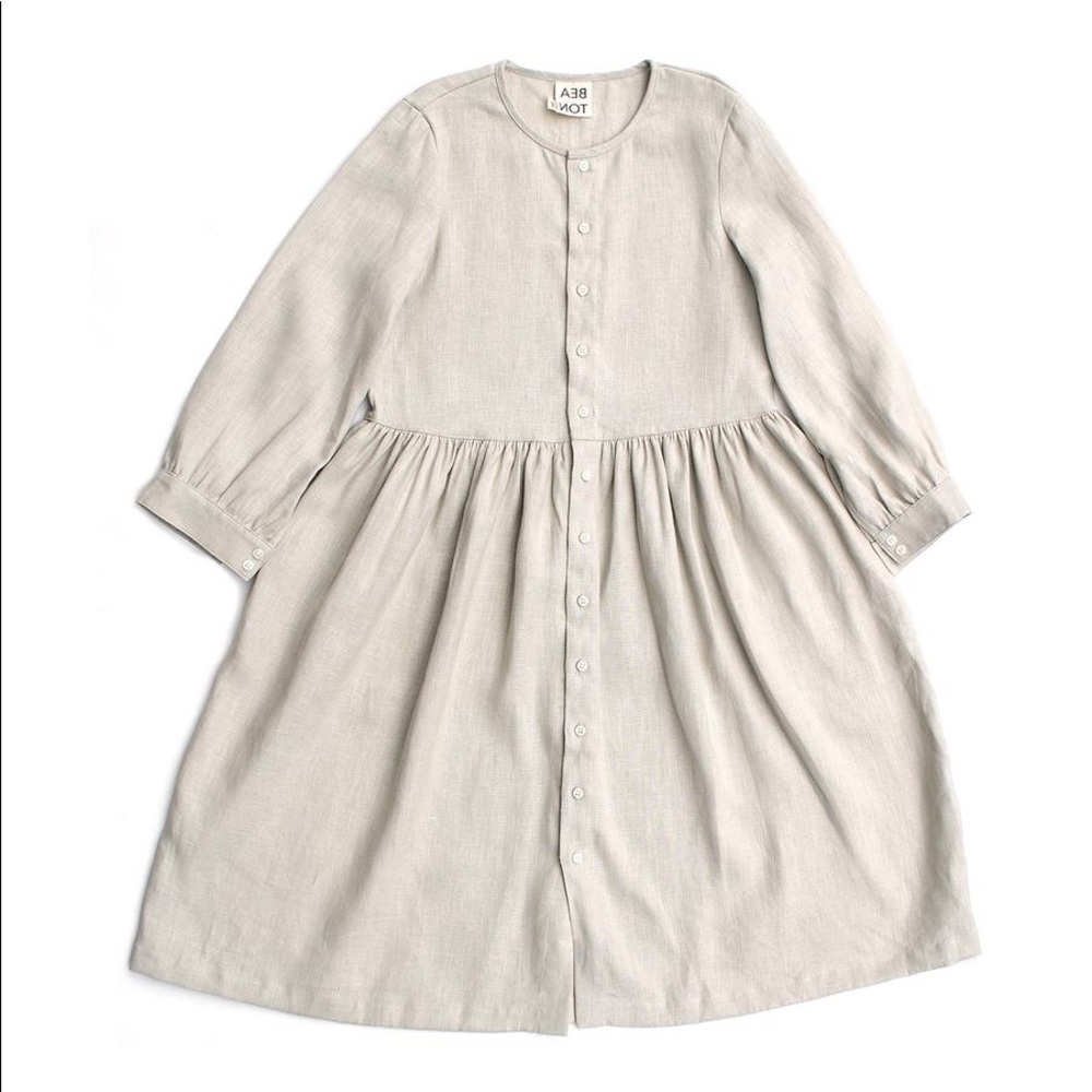 BEATON LINEN - GATHERED DRESS, BONE